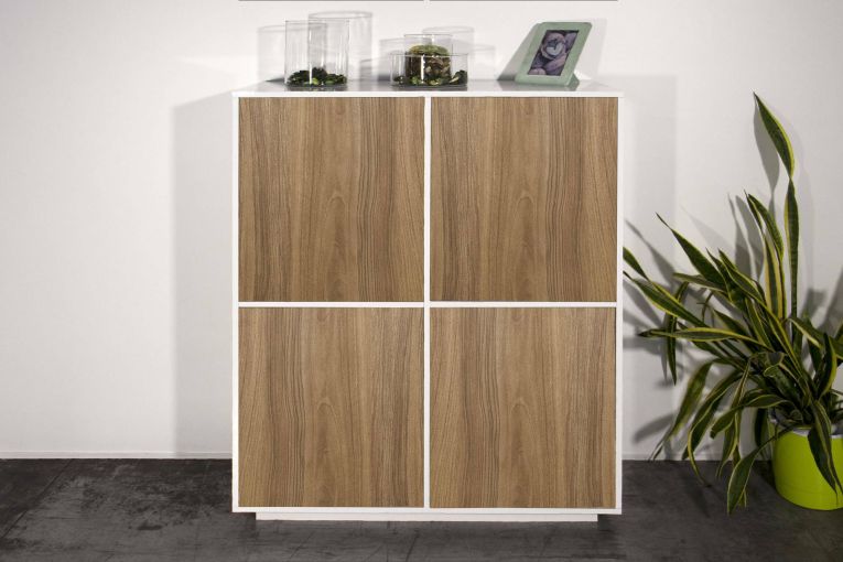 Credenza Ara, cm 100x41h126, Bianco lucido e Noce