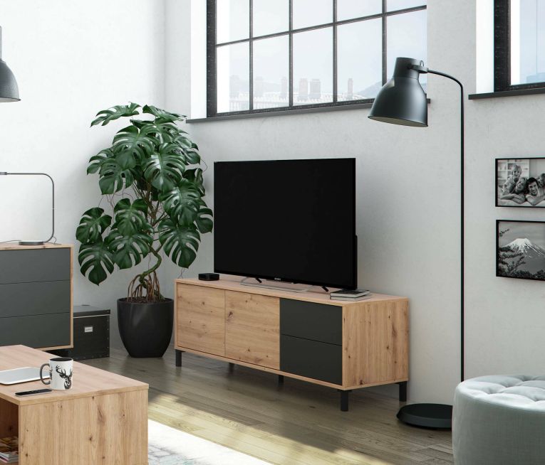 Credenza Arecibo, Madia moderna a 2 ante, Buffet da soggiorno, Mobile porta TV, Madia con piedini per salotto, 130x41h47 cm, Rovere nodi e Antracite