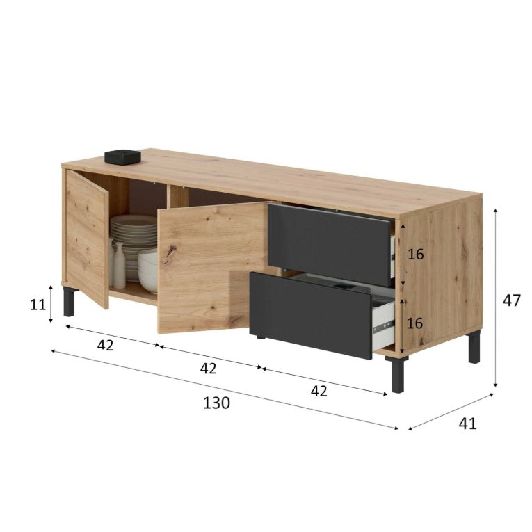Credenza Arecibo, Madia moderna a 2 ante, Buffet da soggiorno, Mobile porta TV, Madia con piedini per salotto, 130x41h47 cm, Rovere nodi e Antracite