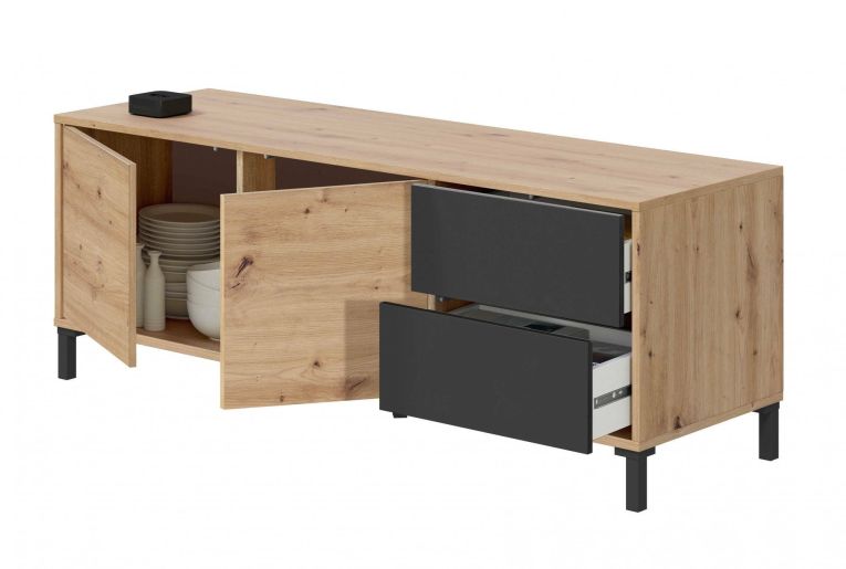 Credenza Arecibo, Madia moderna a 2 ante, Buffet da soggiorno, Mobile porta TV, Madia con piedini per salotto, 130x41h47 cm, Rovere nodi e Antracite