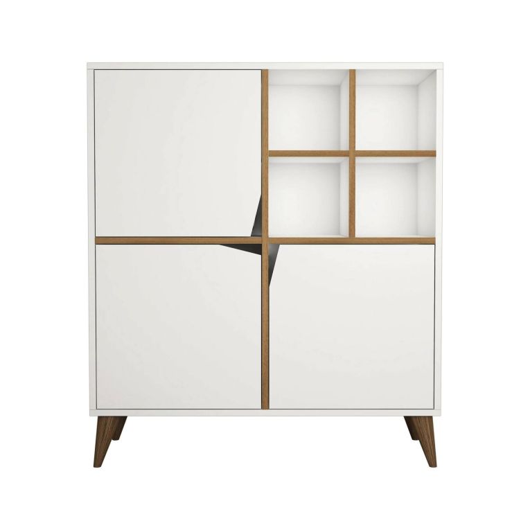 Credenza Arided, Buffet da soggiorno, Madia da salotto, Dispensa da cucina, 100x30 h115 cm, Bianco e Noce