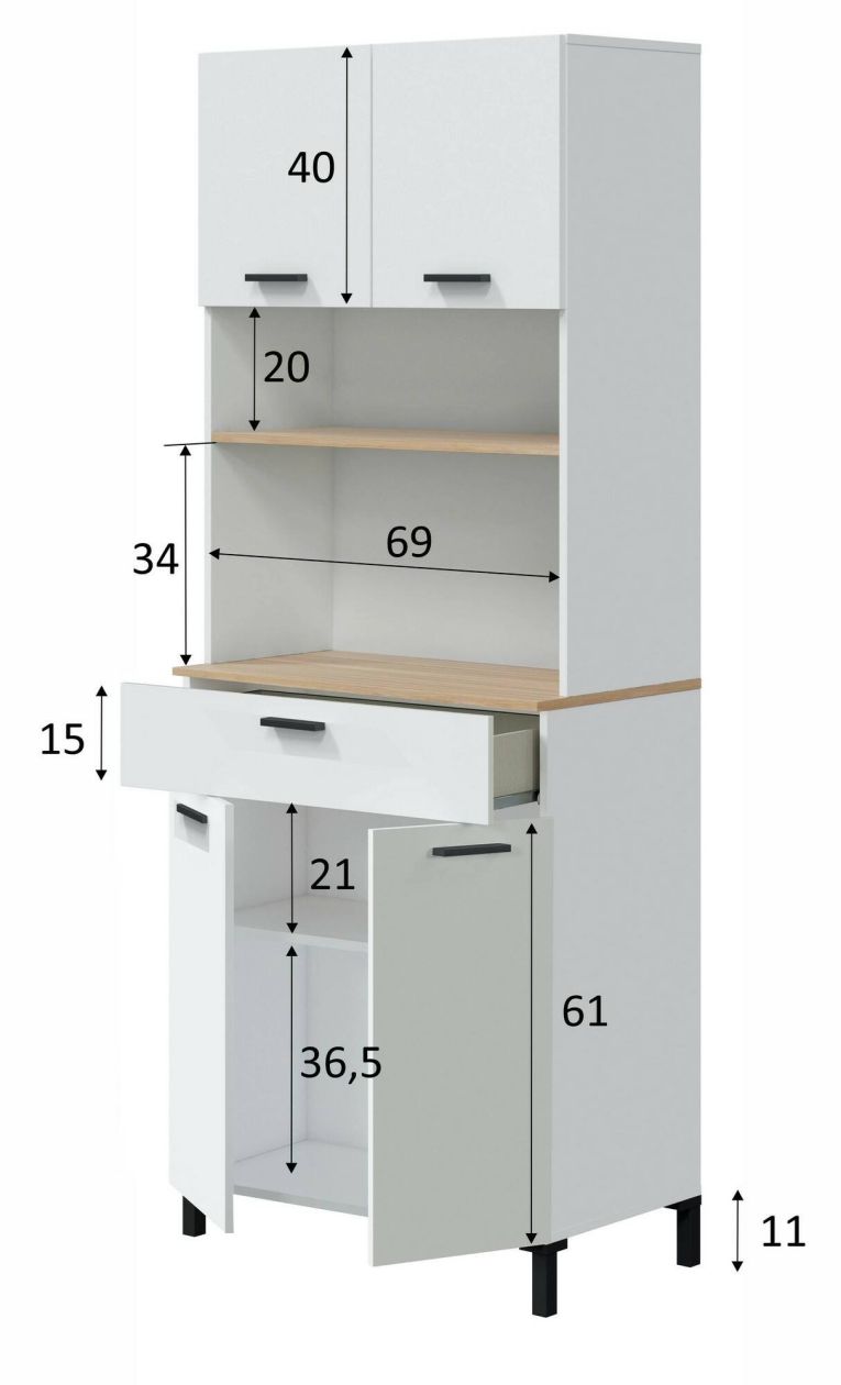 Credenza Artesian, Buffet da soggiorno, Madia da salotto, Dispensa da cucina, 72x40 h185 cm, Bianco e Rovere