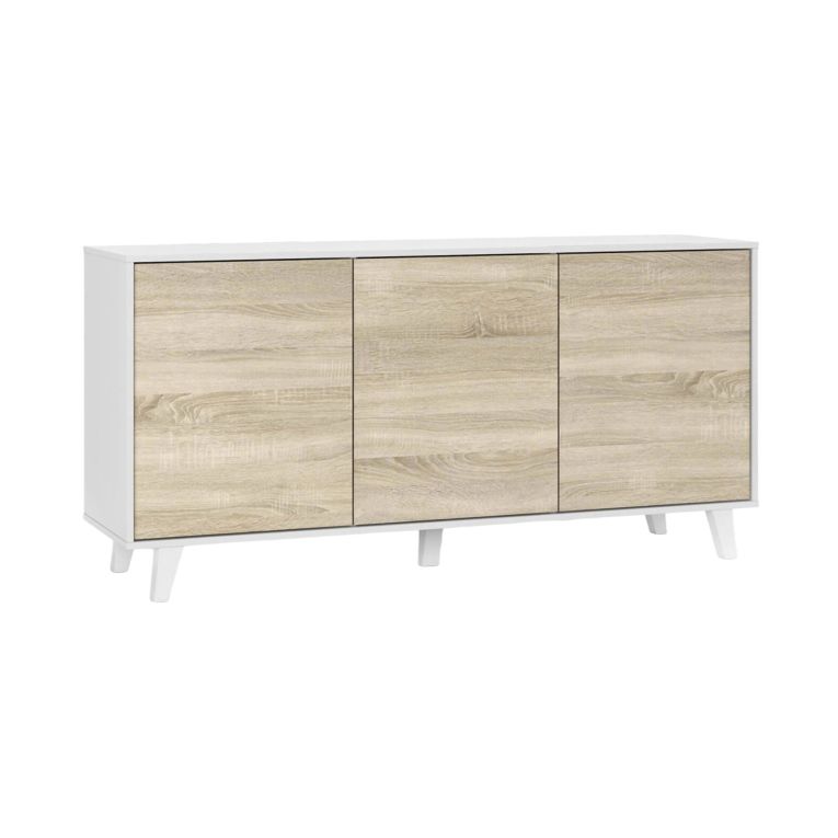 Credenza Arvada, Madia moderna a 3 ante e ripiani, Buffet da cucina, Buffet di design da soggiorno, 154x40h75 cm, Bianco e Rovere