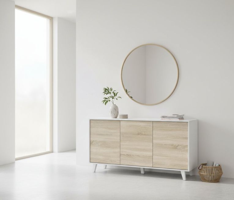 Credenza Arvada, Madia moderna a 3 ante e ripiani, Buffet da cucina, Buffet di design da soggiorno, 154x40h75 cm, Bianco e Rovere