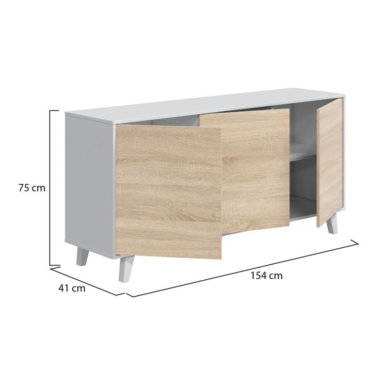 Credenza Arvada, Madia moderna a 3 ante e ripiani, Buffet da cucina, Buffet di design da soggiorno, 154x40h75 cm, Bianco e Rovere