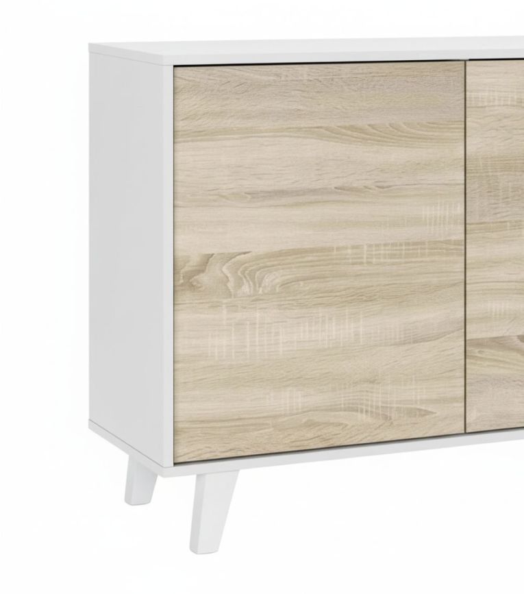 Credenza Arvada, Madia moderna a 3 ante e ripiani, Buffet da cucina, Buffet di design da soggiorno, 154x40h75 cm, Bianco e Rovere