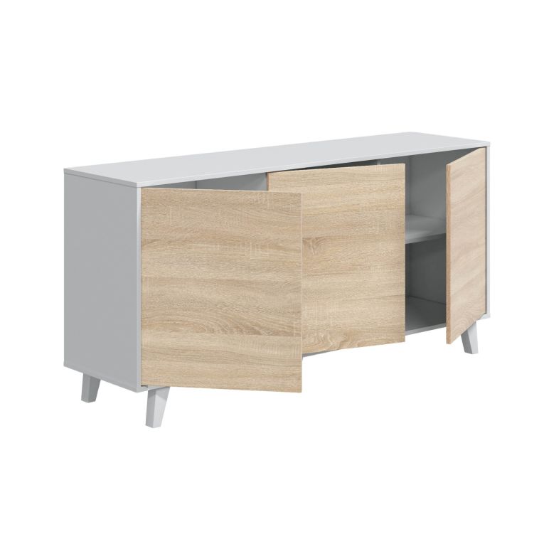 Credenza Arvada, Madia moderna a 3 ante e ripiani, Buffet da cucina, Buffet di design da soggiorno, 154x40h75 cm, Bianco e Rovere