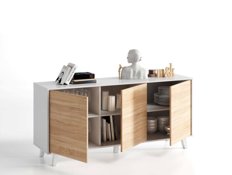 Credenza Arvada, Madia moderna a 3 ante e ripiani, Buffet da cucina, Buffet di design da soggiorno, 154x40h75 cm, Bianco e Rovere
