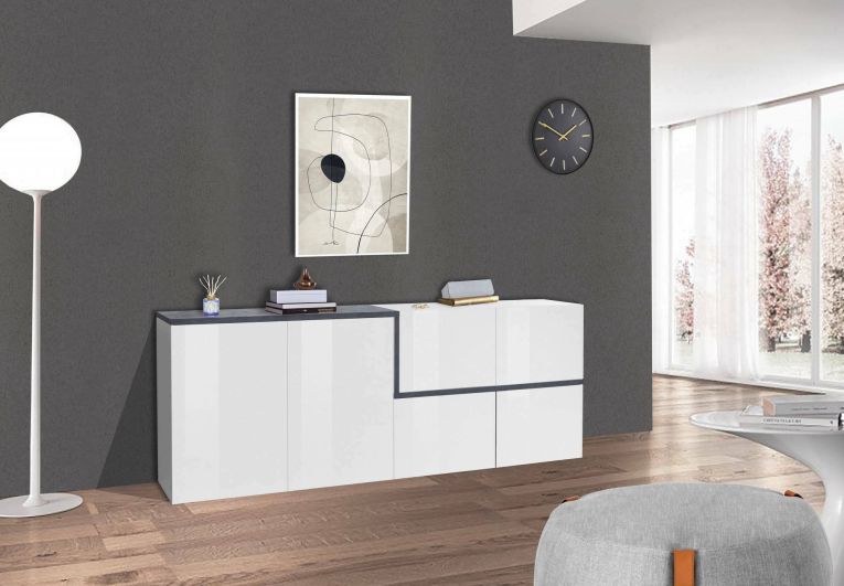 Credenza Asaba, cm 210x40h80, Bianco lucido e Ardesia
