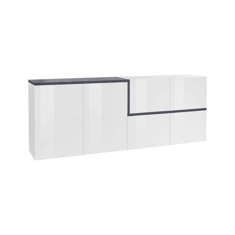 Credenza Asaba, cm 210x40h80, Bianco lucido e Ardesia