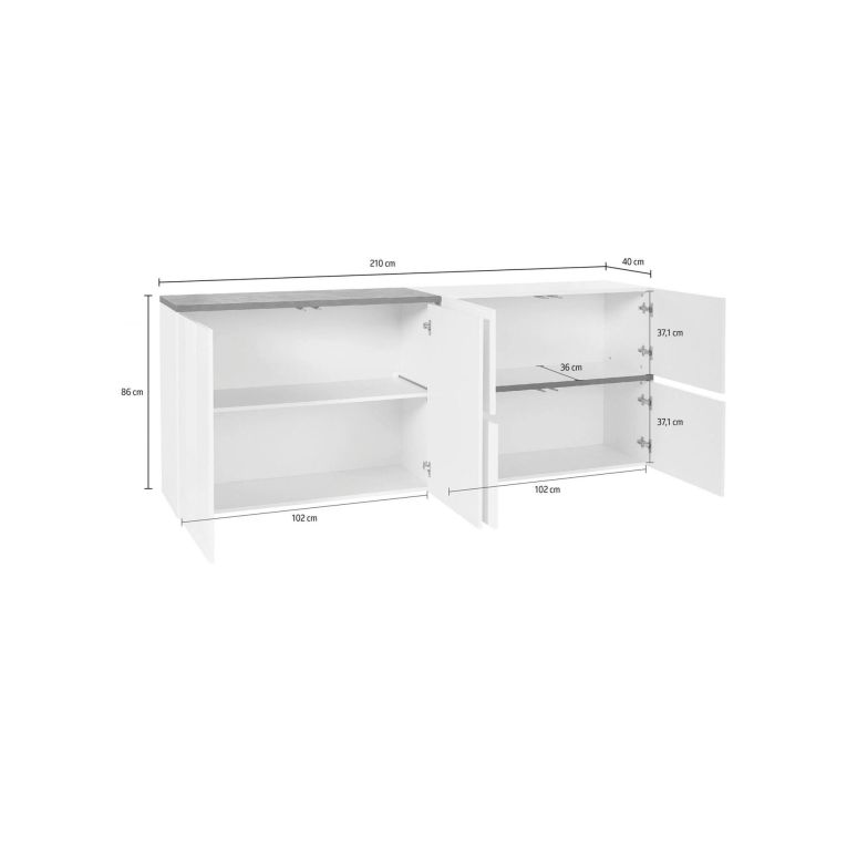 Credenza Asaba, cm 210x40h80, Bianco lucido e Ardesia