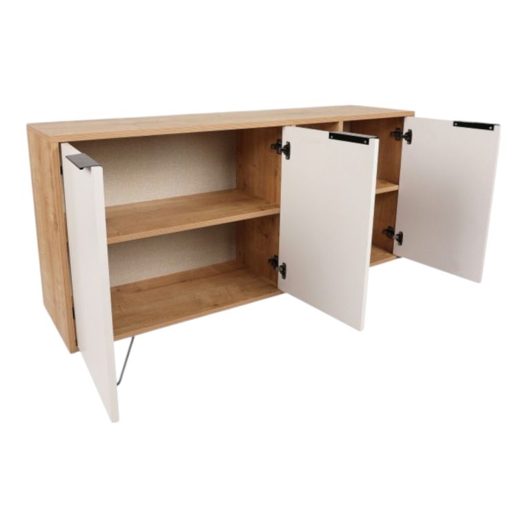 Credenza Ashlesha, Buffet da soggiorno, Madia da salotto, Dispensa da cucina, 142x36 h83 cm, Quercia e Bianco