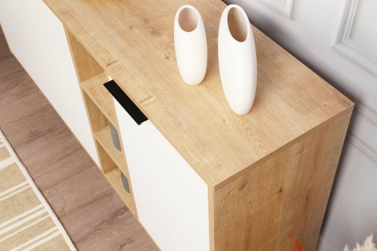 Credenza Ashlesha, Buffet da soggiorno, Madia da salotto, Dispensa da cucina, 142x36 h83 cm, Quercia e Bianco
