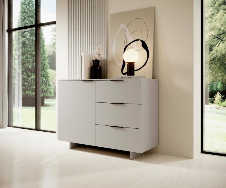 Credenza Aveiro, Madia da salotto con un'anta battente e tre cassetti, Rialzato da terra, 120x42 h90 cm, Beige