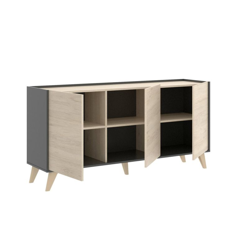 Credenza Avez, Buffet da soggiorno, Madia moderna da salotto a 3 ante, 155x43h75 cm, Rovere e Antracite