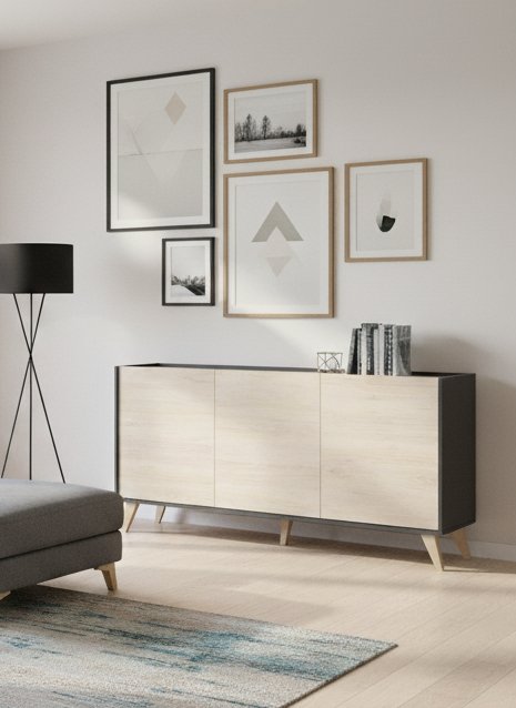 Credenza Avez, Buffet da soggiorno, Madia moderna da salotto a 3 ante, 155x43h75 cm, Rovere e Antracite