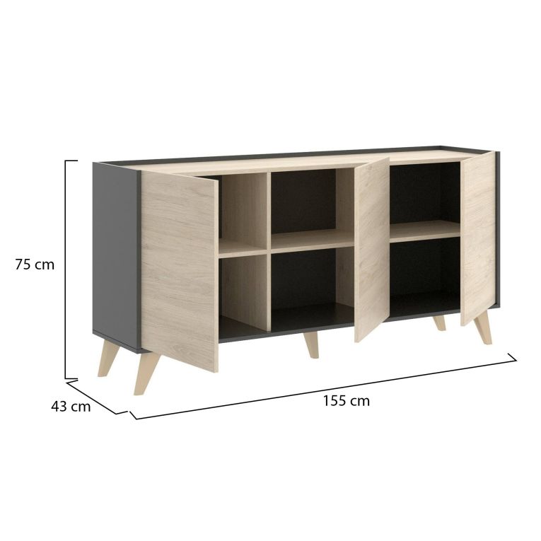 Credenza Avez, Buffet da soggiorno, Madia moderna da salotto a 3 ante, 155x43h75 cm, Rovere e Antracite