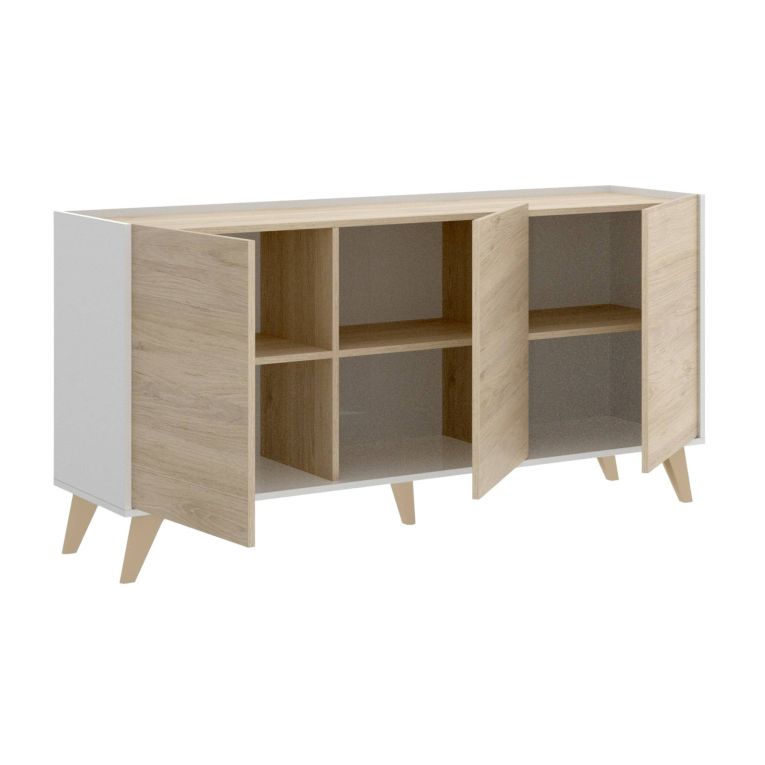 Credenza Avez, Buffet da soggiorno, Madia moderna da salotto a 3 ante, 155x43h75 cm, Rovere e Bianco