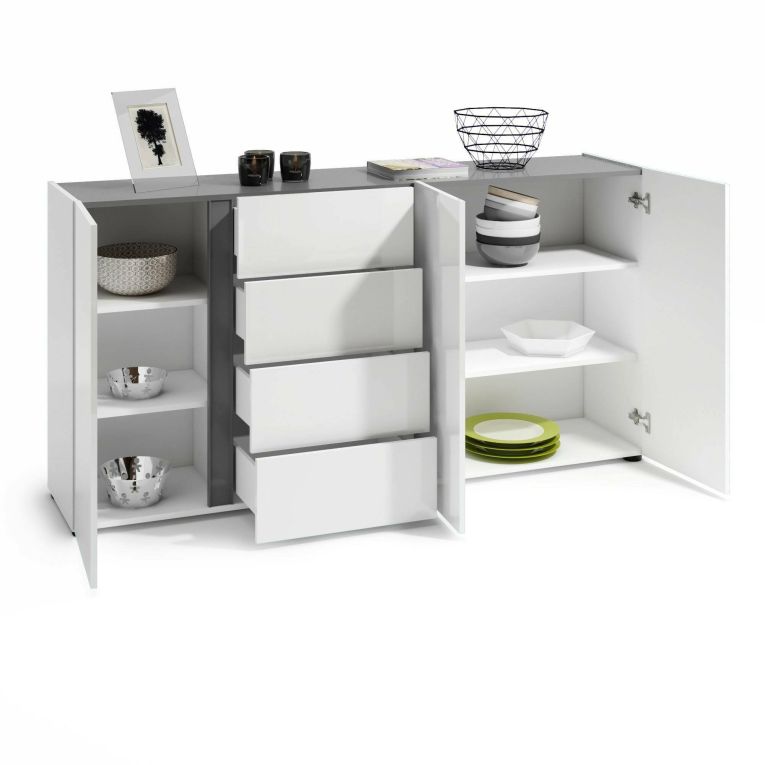 Credenza Banjul, Buffet da soggiorno, Madia da salotto, Dispensa da cucina, Made in Italy, 180x38h92 cm, Bianco lucido e Antracite