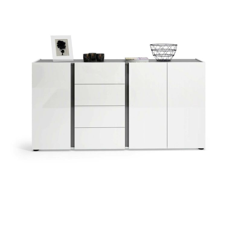 Credenza Banjul, Buffet da soggiorno, Madia da salotto, Dispensa da cucina, Made in Italy, 180x38h92 cm, Bianco lucido e Antracite