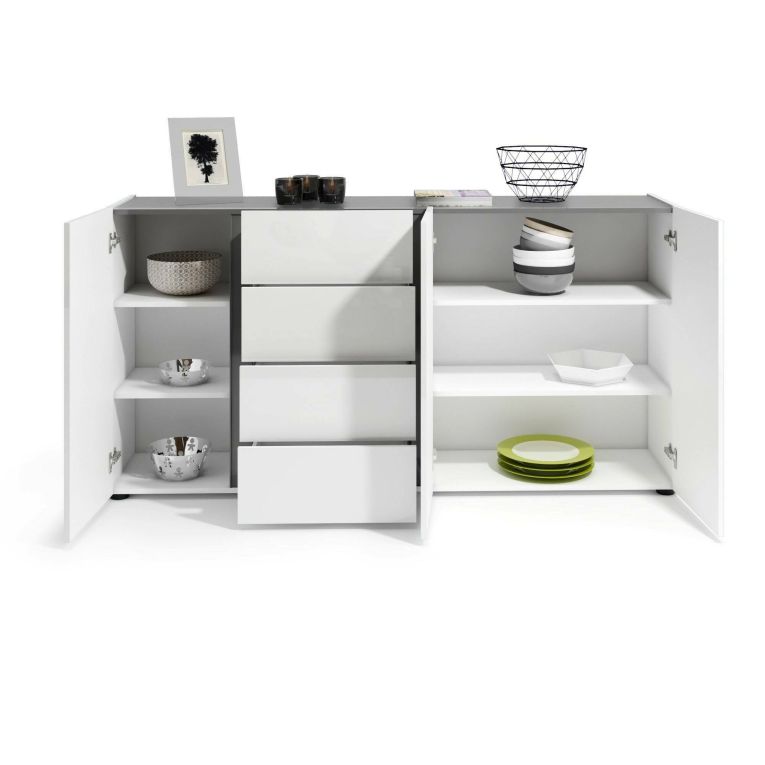 Credenza Banjul, Buffet da soggiorno, Madia da salotto, Dispensa da cucina, Made in Italy, 180x38h92 cm, Bianco lucido e Antracite