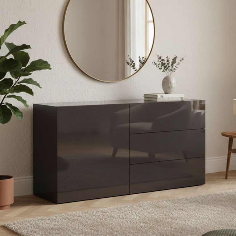 Credenza bassa antracite lucida 110x40x35h cm 1 anta e 3 cassetti - Benvenuta