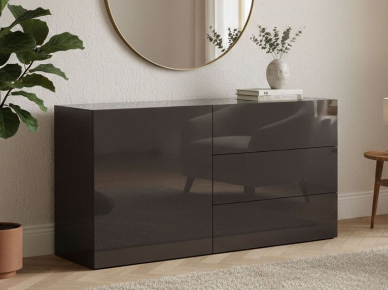 Credenza bassa antracite lucida 110x40x35h cm 1 anta e 3 cassetti - Benvenuta