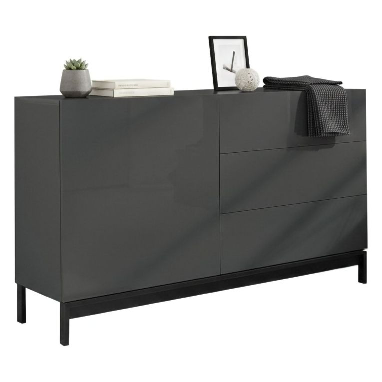 Credenza bassa antracite lucida 110x40x47h cm 1 anta e 3 cassetti - Adana