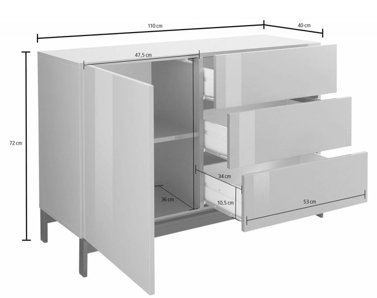 Credenza bassa antracite lucida 110x40x47h cm 1 anta e 3 cassetti - Adana