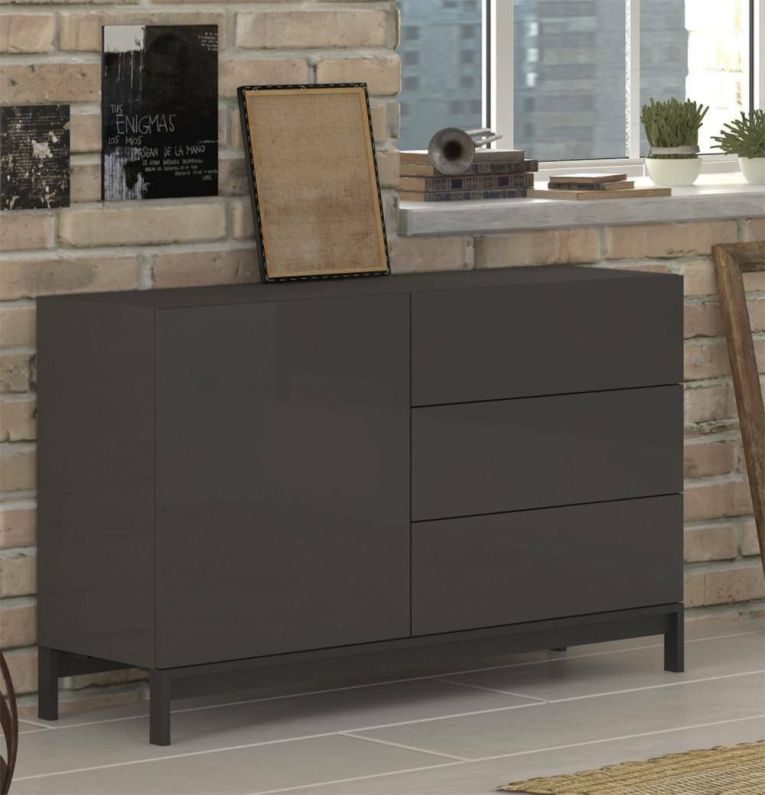 Credenza bassa antracite lucida 110x40x47h cm 1 anta e 3 cassetti - Adana