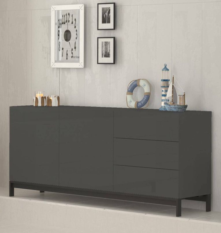Credenza bassa antracite lucida 170x40x47h cm 2 ante e 3 cassetti - Alden