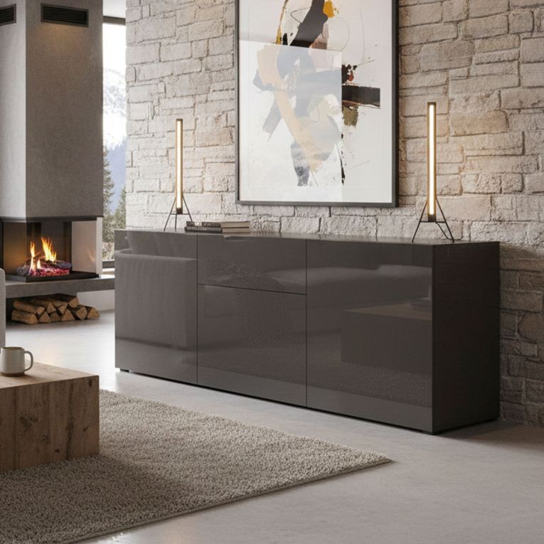 Credenza bassa antracite lucida 170x40x60h cm 3 ante e 1 cassetto - Arina