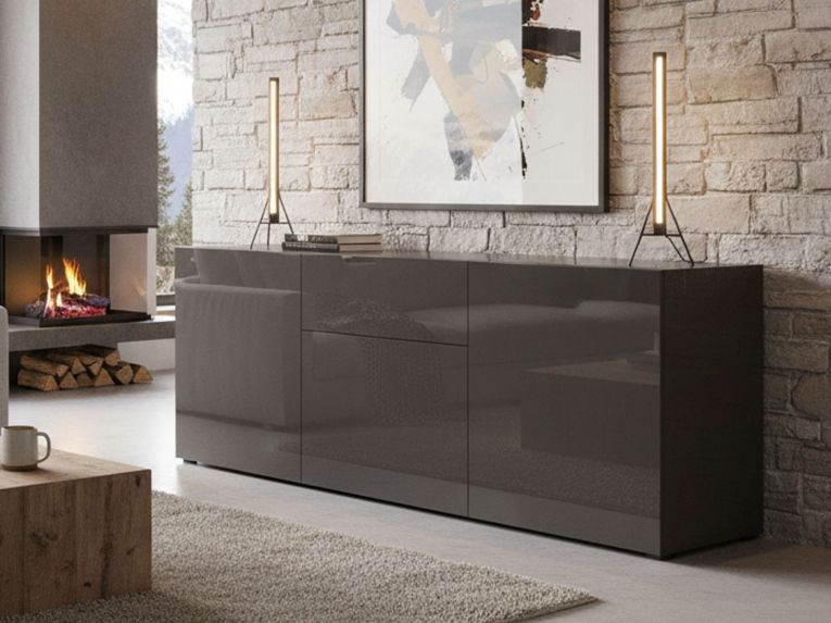 Credenza bassa antracite lucida 170x40x60h cm 3 ante e 1 cassetto - Arina