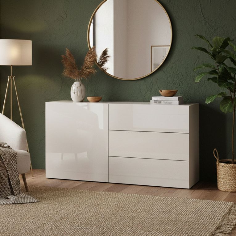Credenza bassa bianco lucida 110x40x35h cm 1 anta e 3 cassetti - Benvenuta