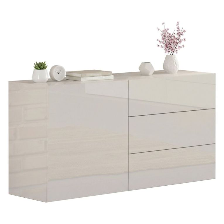 Credenza bassa bianco lucida 110x40x35h cm 1 anta e 3 cassetti - Benvenuta