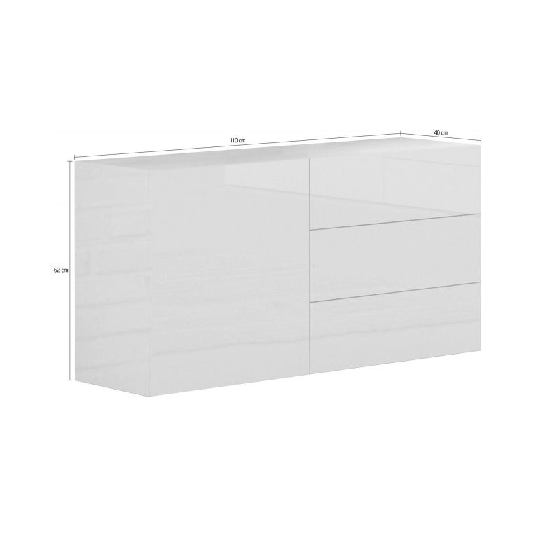 Credenza bassa bianco lucida 110x40x35h cm 1 anta e 3 cassetti - Benvenuta