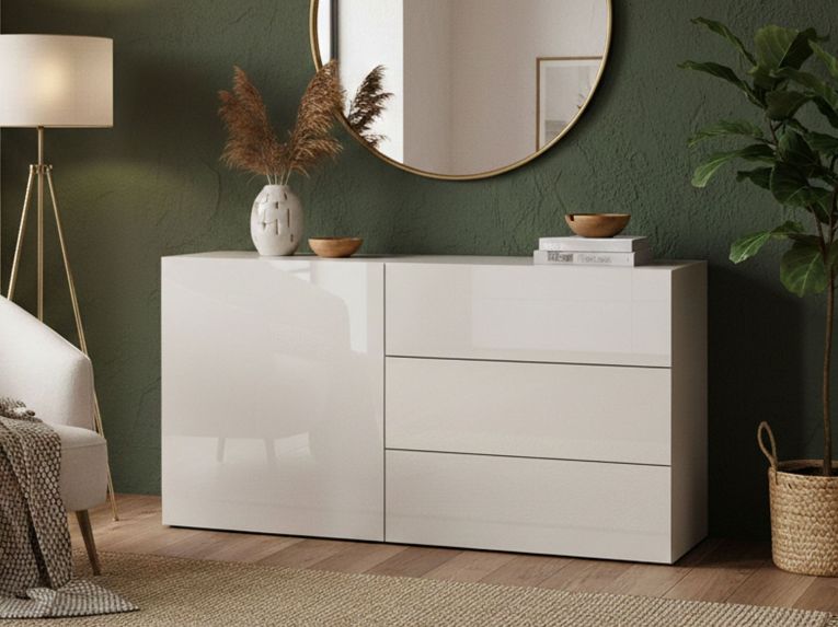 Credenza bassa bianco lucida 110x40x35h cm 1 anta e 3 cassetti - Benvenuta