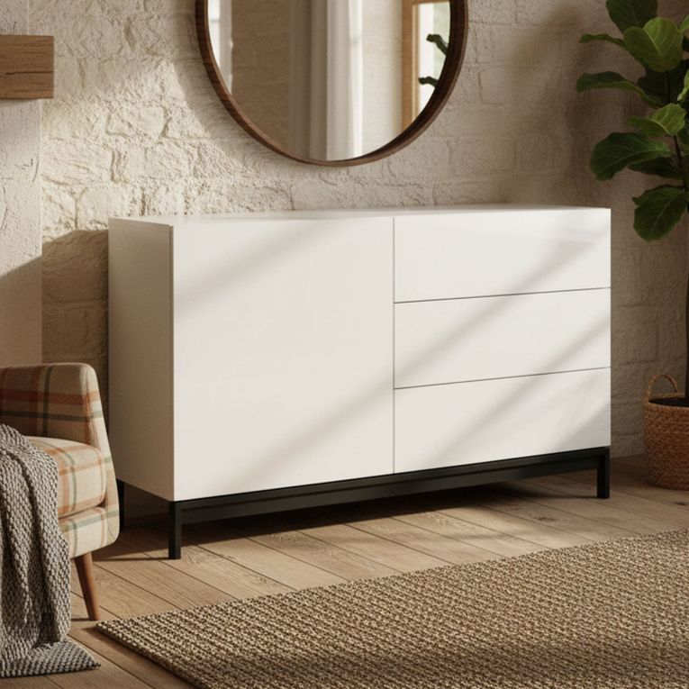Credenza bassa bianco lucida 110x40x47h cm 1 anta e 3 cassetti - Adana