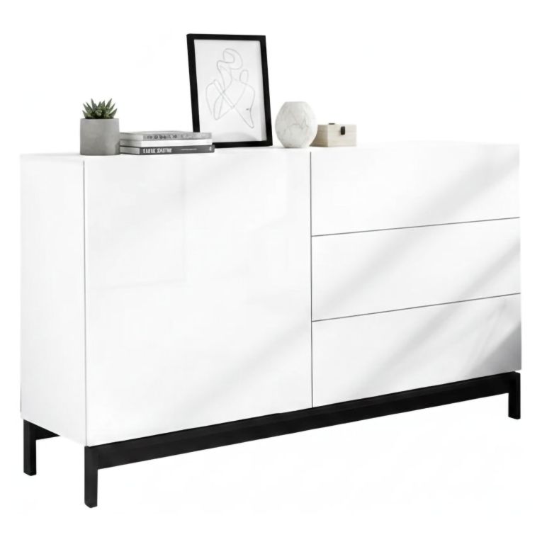 Credenza bassa bianco lucida 110x40x47h cm 1 anta e 3 cassetti - Adana