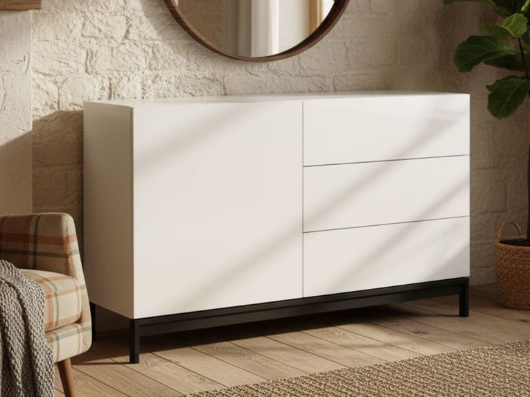 Credenza bassa bianco lucida 110x40x47h cm 1 anta e 3 cassetti - Adana