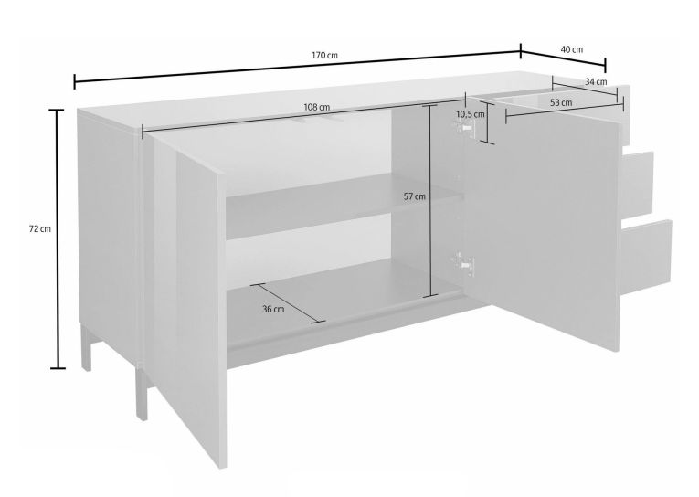 Credenza bassa bianco lucida 170x40x47h cm 2 ante e 3 cassetti - Alden