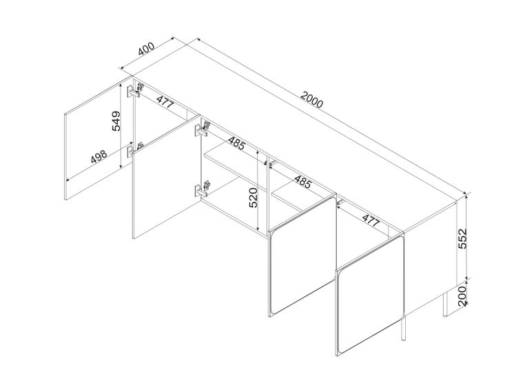 Credenza Beige 2 Ripiani Apertura Battente 200x42x75h cm, 4 Ante - Canino