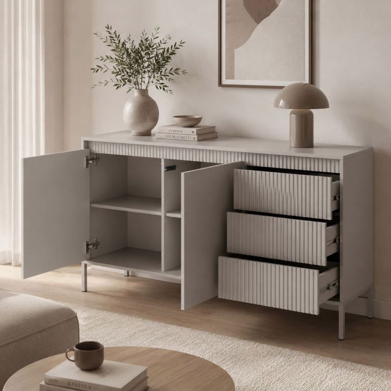 Credenza Beige 3 Cassetti 2 Ripiani 154x40x81h cm, Apertura Battente, Scorrevole - Hatomo