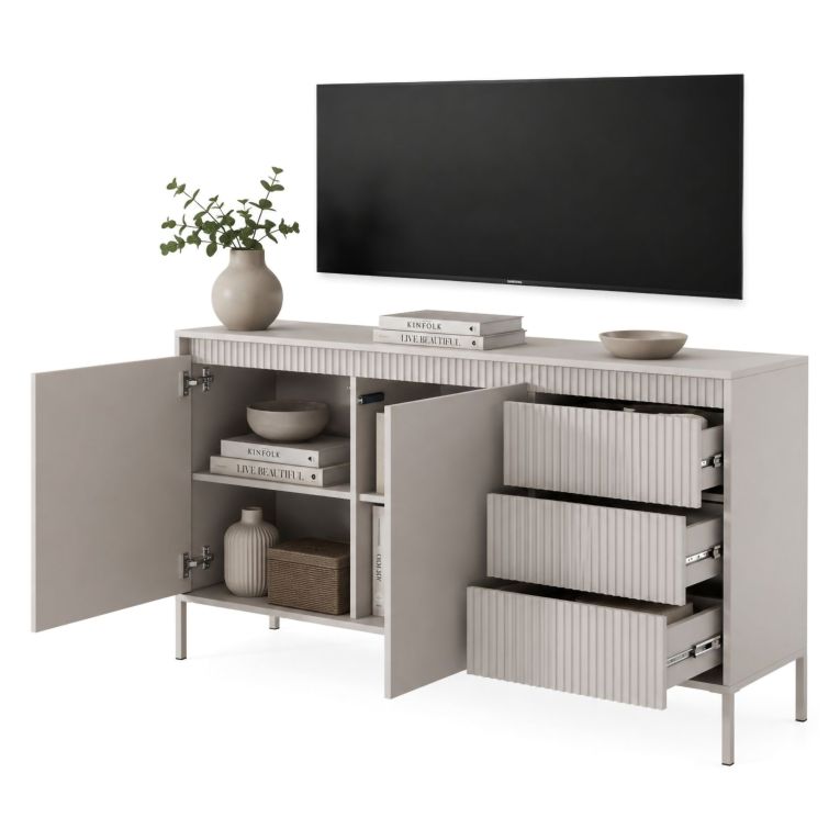 Credenza Beige 3 Cassetti 2 Ripiani 154x40x81h cm, Apertura Battente, Scorrevole - Hatomo