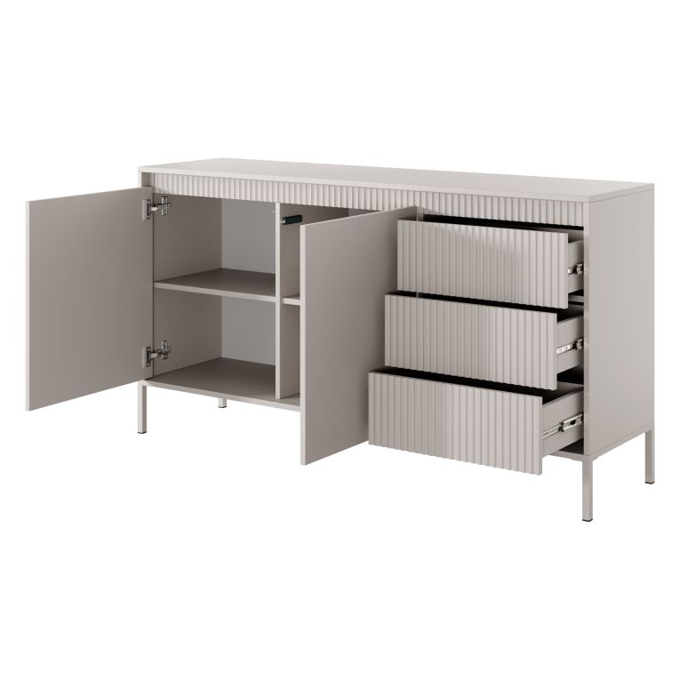 Credenza Beige 3 Cassetti 2 Ripiani 154x40x81h cm, Apertura Battente, Scorrevole - Hatomo