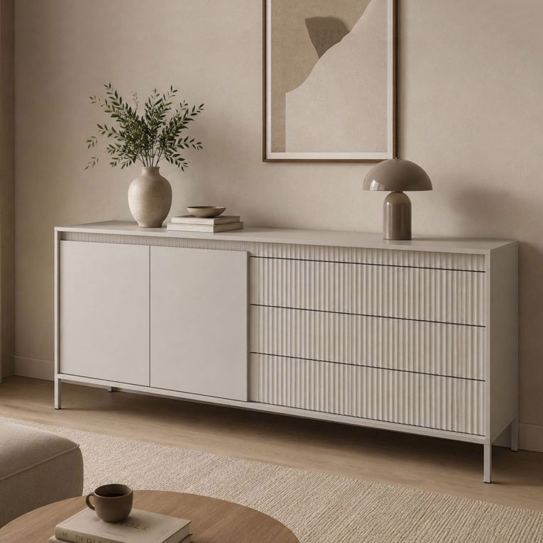 Credenza Beige 3 Cassetti 2 Ripiani 187x40x81h cm, Apertura Battente, Scorrevole - Hatone
