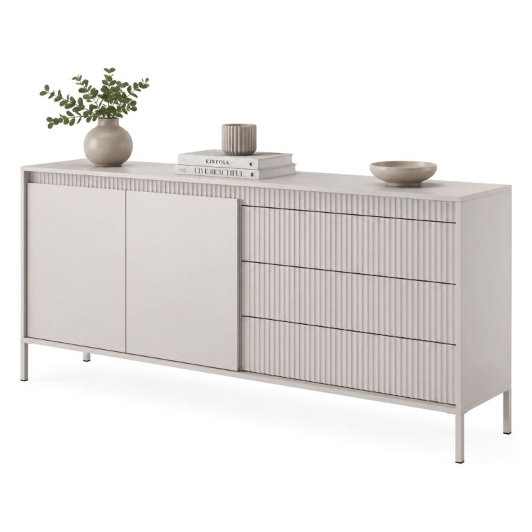 Credenza Beige 3 Cassetti 2 Ripiani 187x40x81h cm, Apertura Battente, Scorrevole - Hatone