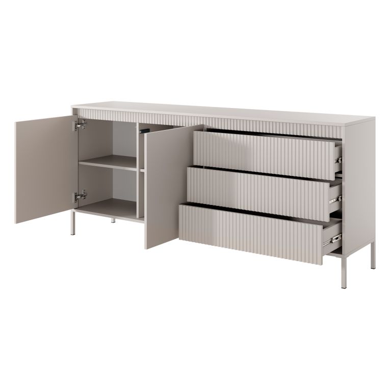 Credenza Beige 3 Cassetti 2 Ripiani 187x40x81h cm, Apertura Battente, Scorrevole - Hatone