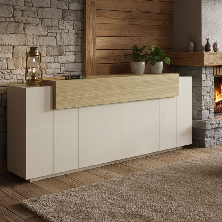 Credenza Beige 3 Ripiani Apertura Battente, a Ribalta 200x45x85.5h cm, 5 Ante - Pulfero