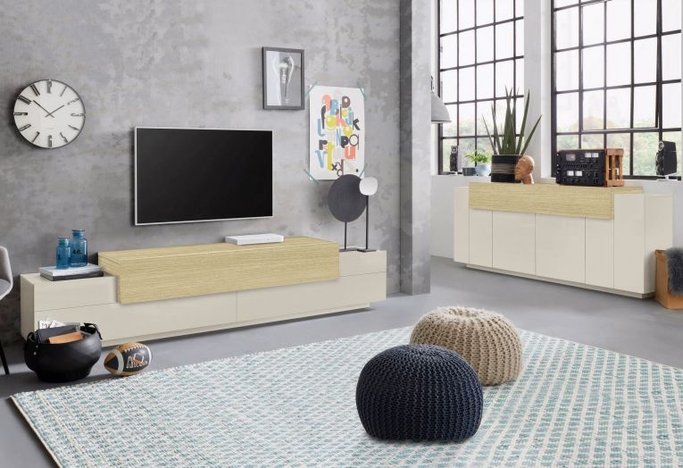 Credenza Beige 3 Ripiani Apertura Battente, a Ribalta 200x45x85.5h cm, 5 Ante - Pulfero